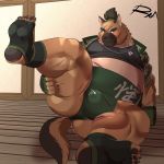  1:1 2020 anthro belly blush bodily_fluids brown_body brown_fur bulge butt canid canine canis clothing domestic_dog fur hi_res humanoid_hands male mammal overweight overweight_male reclamon scar shirt solo sumo sweat tokyo_afterschool_summoners topwear video_games yasuyori 
