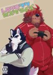  2012 anthro bottomwear brown_body brown_fur canid canine canis clothing domestic_dog duo fur humanoid_hands japanese_text kemono launcher_r male mammal overweight overweight_male pants text tongue tongue_out white_body white_fur 