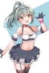  1girl alternate_costume anchor armpits bangs bare_shoulders black_gloves black_legwear black_skirt blush bow breasts choker cleavage collarbone cowboy_shot crop_top enmaided eyebrows_visible_through_hair frilled_skirt frills garter_straps gloves grey_hair hair_ribbon half_gloves hand_up kantai_collection konnyaku_(kk-monmon) maid maid_headdress medium_breasts midriff miniskirt navel off-shoulder_shirt off_shoulder open_mouth ponytail ribbon shirt short_sleeves skirt solo thighhighs wristband yellow_eyes yuubari_(kantai_collection) zettai_ryouiki 