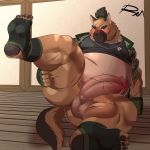  1:1 2020 anthro balls belly big_penis blush bodily_fluids brown_body brown_fur butt canid canine canis clothing domestic_dog erection fur genitals hi_res humanoid_hands humanoid_penis male mammal overweight overweight_male penis reclamon scar shirt solo sweat tokyo_afterschool_summoners topwear video_games yasuyori 