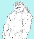  2019 absurd_res anthro belly blue_background blush bulge clothing eyewear glasses hi_res humanoid_hands kemono launcher_r male mammal moobs musclegut nipples simple_background solo underwear 