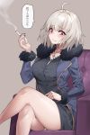  1girl ahoge bangs black_shirt blue_jacket blush breasts commentary_request eto_(nistavilo2) eyebrows_visible_through_hair fate/grand_order fate_(series) fur_trim highres jacket jeanne_d&#039;arc_(alter)_(fate) jeanne_d&#039;arc_(fate)_(all) jewelry large_breasts long_hair looking_at_viewer necklace red_background shirt short_hair silver_hair simple_background sitting solo translation_request yellow_eyes 