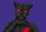  2020 5_fingers anthro black_body black_fur black_nose bust_portrait ear_tuft felid fingers front_view fur glowing glowing_eyes hi_res looking_at_viewer male mammal pantherine portrait red_eyes simple_background solo tinydevilhorns tongue tongue_out tuft unseenpanther whiskers 