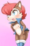  anthro archie_comics better_version_at_source black_nose blue_jacket blush bodily_fluids bottomless breasts clitoris clothed clothing eyelashes female genital_fluids genitals hair hi_res invalid_tag jacket mostly_nude nipples open_jacket open_mouth pink_nipples pussy pussy_juice red_hair sally_acorn simple_background solo sonic_the_hedgehog_(archie) sonic_the_hedgehog_(comics) sonic_the_hedgehog_(series) tongue topwear uyu 