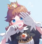  1girl :o absurdres black_dress blue_background blue_eyes blush brown_hair crown dress eyebrows_visible_through_hair gloves hands_up highres huge_filesize mario_(series) misowhite princess_daisy short_sleeves simple_background solo super_smash_bros. upper_body white_gloves 