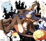  1girl :d absurdres bangs bell belt black_rock_shooter black_rock_shooter_(character) blue_eyes blue_hair boots bow bowtie brown_cape brown_footwear brown_gloves brown_headwear brown_shorts cape eyebrows_visible_through_hair fingerless_gloves floating_hair full_body gloves groin hair_between_eyes halloween halloween_costume hat highres long_hair looking_at_viewer midriff open_mouth oywj pumpkin red_bow red_neckwear shiny shiny_hair short_shorts shorts smile solo sparkle star star-shaped_pupils stomach symbol-shaped_pupils thigh_boots thighhighs thumbs_up very_long_hair white_belt witch witch_hat zettai_ryouiki 