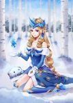  1girl alternate_costume alternate_eye_color alternate_hair_color bare_shoulders bare_tree birch blonde_hair blue_dress blue_eyes breasts cleavage dress fur_trim hair_ornament highres hoof horn kneehighs league_of_legends long_hair looking_at_viewer mittens outdoors pointy_ears poro_(league_of_legends) sidelocks sitting snowflake_print snowflakes snowing solo soraka tree very_long_hair wariza winter winter_wonder_soraka yuu_ko 