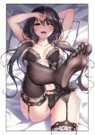  1girl :d absurdres arm_behind_head armpits arms_up bangs bed_sheet black_legwear black_panties blush border breasts cameltoe cleavage clock_eyes collarbone commentary_request date_a_live feet frills from_above garter_belt heterochromia highres large_breasts leg_up lingerie long_hair looking_at_viewer low_twintails lying navel on_back on_bed open_mouth outside_border panties red_eyes smile soles solo symbol-shaped_pupils thighhighs toes tokisaki_kurumi twintails underwear underwear_only white_border yellow_eyes zhi_jiyang 