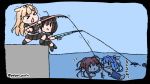  &gt;_&lt; 4girls ahoge bangs black_border black_skirt blonde_hair blue_hair blush border braid brown_hair chibi fishing fishing_rod hair_flaps hair_ribbon i-168_(kantai_collection) i-19_(kantai_collection) kantai_collection long_hair multiple_girls one-piece_swimsuit open_mouth pleated_skirt poipoi_purin red_hair red_neckwear remodel_(kantai_collection) ribbon sailor_collar scarf school_uniform serafuku shigure_(kantai_collection) short_sleeves single_braid skirt swimsuit swimsuit_under_clothes torpedo twitter_username underwater water yuudachi_(kantai_collection) 