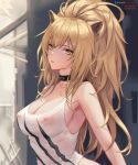  1girl animal_ears arknights artist_name bare_arms bare_shoulders black_choker blonde_hair blurry blurry_background breasts chihunhentai choker cleavage depth_of_field fang high_ponytail large_breasts long_hair nipples parted_lips see-through siege_(arknights) sleeveless smile solo tank_top upper_body very_long_hair yellow_eyes 