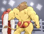  2019 anthro back_muscles big_muscles briefs brown_hair brown_nose butt clothed clothing duke_(megawaffle) felid fighting_ring fur hair hi_res huge_muscles lion looking_at_viewer male mammal megawaffle_(artist) muscular muscular_male pantherine pawpads purple_eyes quads solo standing topless triceps underwear underwear_only wrestler yellow_body yellow_fur 