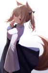  1girl animal_ears arknights black_bow black_skirt blurry bow brown_hair expressionless fox_ears fox_girl fox_tail gradient gradient_background hair_bow hand_on_own_cheek high-waist_skirt highres knoy3356 long_hair long_sleeves looking_at_viewer looking_to_the_side red_eyes shirt skirt solo sora_(arknights) tail twintails white_shirt wide_sleeves 