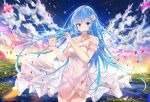  1girl arm_garter bare_shoulders blue_eyes blue_hair breasts cloud cowboy_shot criss-cross_halter dress emori_miku emori_miku_project flute gradient_sky grass halter_dress halterneck highres holding holding_instrument instrument leaf leaves_in_wind long_hair looking_at_viewer medium_breasts na_kyo navel navel_cutout outdoors plain shooting_star sky sleeveless sleeveless_dress smile solo star_(sky) starry_sky very_long_hair water white_dress 