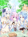  4girls angel_wings armor bare_shoulders bikini_armor black_heart blonde_hair blue_eyes blue_hair breastplate breasts cake chocolate_cake cleavage clenched_hand clenched_teeth closed_eyes collared_dress commentary_request cookie detached_collar dress eating elbow_gloves eyebrows_visible_through_hair fingerless_gloves flower food four_goddesses_online:_cyber_dimension_neptune gloves green_dress hair_between_eyes hair_flower hair_ornament halo holding holding_plate joney leaf long_hair medium_breasts multiple_girls navel neptune_(neptune_series) neptune_(series) plate power_symbol purple_eyes purple_hair red_eyes short_hair sitting small_breasts strapless strapless_dress symbol-shaped_pupils table teeth v-shaped_eyebrows vert white_hair white_heart wings 
