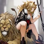 1girl 55level animal animal_ears arknights black_footwear black_jacket black_nails breasts brown_eyes brown_hair cleavage commentary fur_trim highres holding jacket large_breasts lion lion_ears long_hair looking_at_viewer ponytail scar shirt shoes short_shorts shorts sitting sitting_on_animal solo 