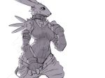  anthro armwear black_and_white black_sclera breasts bridal_gauntlets canid canine choker clothed clothing digimon digimon_(species) digital_media_(artwork) female fur jewelry mammal monochrome necklace renamon simple_background sketch solo tuft tzarvolver undressing white_background 