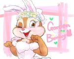  a_ro5252 anthro blue_eyes blush cheek_tuft chipmunk clarice_(disney) clothed clothing disney english_text eyelashes facial_tuft fake_ears fake_rabbit_ears female flower flower_crown fur ground_squirrel looking_at_viewer mammal one_eye_closed open_mouth open_smile plant red_nose rodent sciurid simple_background smile tan_body tan_fur text tuft wink 