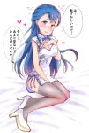  1girl :d bangs bed_sheet between_legs blue_eyes blue_hair blush breasts china_dress chinese_clothes cleavage cleavage_cutout dress eyebrows_visible_through_hair floating_hair full_body grey_legwear hand_between_legs head_tilt heart high_heels highres hugtto!_precure kaatsukun long_hair looking_at_viewer medium_breasts nail_polish open_mouth precure print_dress pumps purple_ribbon red_nails ribbon shiny shiny_hair short_dress side_slit simple_background sitting sleeveless sleeveless_dress smile solo speech_bubble sweatdrop thighhighs very_long_hair white_background white_dress white_footwear yakushiji_saaya zettai_ryouiki 