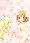  2girls bangs bath bathroom blonde_hair breasts brown_eyes closed_eyes collarbone eyebrows_visible_through_hair from_side hair_between_eyes hair_ornament hand_up hands_up hidamari_sketch indoors knees_up leg_up light_brown_hair long_hair medium_breasts miyako multiple_girls nude open_mouth partially_submerged polka_dot_towel profile rubber_duck short_hair sitting smile tile_wall tiles towel towel_on_head tsubaki_(tatajd) water x_hair_ornament yuno 