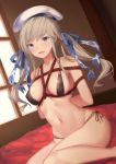  1girl arms_behind_back bangs bare_shoulders bdsm bikini black_bikini blonde_hair blue_eyes blue_ribbon blush bondage bound breast_bondage breasts commentary_request covered_nipples cucouroux_(granblue_fantasy) eyebrows_visible_through_hair granblue_fantasy hair_ribbon hat indoors long_hair looking_at_viewer medium_breasts navel on_bed open_mouth revision ribbon shibari side-tie_bikini sitting solo stomach suzuame_yatsumi swimsuit twintails white_headwear window 