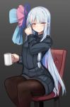  1girl at2. bangs black_sweater blue_hair blue_nails blush brown_legwear chair closed_mouth commentary_request cup eyebrows_visible_through_hair feet_out_of_frame grey_background hand_up highres holding holding_cup kotonoha_aoi long_hair long_sleeves looking_at_viewer mug nail_polish on_chair pantyhose red_eyes ribbed_sweater simple_background sitting smile solo sweater very_long_hair voiceroid 