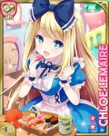  1girl alice_(wonderland) alice_(wonderland)_(cosplay) alice_in_wonderland apron blonde_hair blue_dress blue_eyes bow breasts character_name checkered checkered_floor chloe_lemaire cosplay cup door dress eating food girlfriend_(kari) hair_bow long_hair official_art open_mouth qp:flapper ribbon smile solo sparkle sushi table tea teacup waist_apron white_apron wrist_cuffs 
