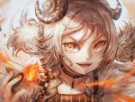 1girl arknights artist_name bangs blonde_hair choker eyelashes fangs feathers fire flame grin horns ifrit_(arknights) jacket nail_polish orange_eyes smile solo_focus strap strapless tubetop twintails v-shaped_eyebrows vial white_jacket wind xilveroxas 