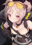  1girl absurdres bangs bare_shoulders black_background black_coat black_gloves breasts charles_(106858) choker cleavage closed_mouth coat covered_navel double_bun eyebrows_visible_through_hair eyewear_on_head girls_frontline gloves hand_on_hip highres leaning_forward light_brown_hair looking_at_viewer off_shoulder open_clothes open_coat orange-tinted_eyewear p90_(girls_frontline) red_eyes smile solo sunglasses tareme torn_clothes upper_body 