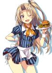  1girl absurdres alternate_costume apron azur_lane blonde_hair blue_shirt blue_skirt buttons cleveland_(azur_lane) collarbone collared_shirt cowboy_shot dress_shirt fast_food food french_fries hair_intakes hamburger highres holding holding_plate long_hair macaroni_hourensou neckerchief one_eye_closed one_side_up open_mouth panties pantyshot pantyshot_(standing) plate puffy_short_sleeves puffy_sleeves shirt short_sleeves side-tie_panties simple_background skirt smile solo standing striped striped_shirt underwear vertical-striped_shirt vertical-striped_skirt vertical_stripes waist_apron waitress white_apron white_background white_panties wrist_cuffs yellow_eyes yellow_neckwear 