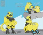  absurd_res anthro breasts butt claws english_text felid female genitals hi_res human human_on_anthro interspecies legendary_pok&eacute;mon male male/female mammal mklancer00 nintendo penis pok&eacute;mon pok&eacute;mon_(species) pok&eacute;philia profanity text toe_claws video_games zeraora 