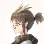  absurdres alternate_eye_color alternate_hairstyle arknights artist_name bangs brown_hair eyebrows eyelashes feathers glasses high_collar highres looking_to_the_side orange_eyes pale_skin pointy_ears semi-rimless_eyewear silence_(arknights) tied_hair upper_body white_background ygxdl 