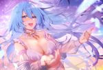  1girl :d blue_hair bra breasts cleavage detached_collar emori_miku emori_miku_project fingernails floating_hair hair_ornament highres karinto_yamada lace lace-trimmed_bra large_breasts lingerie long_hair looking_at_viewer off_shoulder open_mouth purple_bra purple_eyes see-through sky smile solo underwear underwear_only very_long_hair 