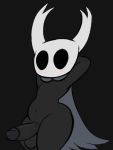  2020 anthro arthropod balls big_butt black_background black_balls black_body black_eyes black_penis black_skin blush butt cape circumcised clothing dot_eyes erection genitals hands_behind_back headgear headwear hi_res hollow_knight insect looking_at_viewer male mostly_nude not_safe_for_reality penis protagonist_(hollow_knight) simple_background solo vein veiny_penis vessel_(species) white_clothing white_headwear wide_hips 