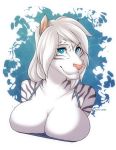 anthro big_breasts blue_eyes breasts clothing felid female fur hair hi_res kaylii long_hair looking_at_viewer mammal melody_(sakuradlyall) pantherine portrait simple_background solo striped_body striped_fur stripes tiger topwear white_body white_fur 