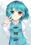  &gt;:) 1girl bangs blue_eyes blue_hair blue_vest blush closed_mouth commentary_request eyebrows_visible_through_hair hand_up heterochromia juliet_sleeves long_sleeves looking_at_viewer puffy_sleeves red_eyes shirt smile solo tatara_kogasa touhou uumaru v-shaped_eyebrows vest w white_shirt 