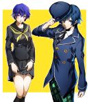  1girl androgynous blue_eyes blue_hair blush breasts cabbie_hat closed_mouth hat highres jacket looking_at_viewer nakano_maru open_mouth persona persona_4 reverse_trap school_uniform shirogane_naoto short_hair simple_background skirt solo yasogami_school_uniform 