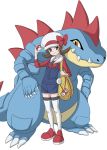  1girl bag brown_eyes brown_hair claws creature feraligatr flat_chest full_body gen_2_pokemon hat hat_ribbon holding holding_poke_ball kosumo_(kosuhoshi) kotone_(pokemon) overalls poke_ball poke_ball_(generic) pokegear pokemon pokemon_(creature) pokemon_(game) pokemon_hgss ribbon shoes simple_background smile standing thighhighs twintails white_background white_headwear white_legwear 