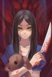  1girl alice:_madness_returns alice_(wonderland) alice_in_wonderland american_mcgee&#039;s_alice aurora_rokudo black_hair blood breasts calligraphy_brush_(medium) commentary dress green_eyes highres knife long_hair looking_at_viewer open_mouth smile solo stuffed_animal stuffed_toy weapon 