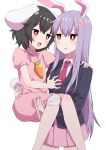  2girls :3 anger_vein animal_ears bandaged_knees black_hair blue_jacket blush breast_grab bright_pupils buck_teeth bunny_ears bunny_tail carrot_necklace carrying commentary_request dress dress_shirt feet_out_of_frame grabbing hand_on_another&#039;s_chest hand_on_another&#039;s_shoulder high_collar highres inaba_tewi jacket lavender_hair long_hair looking_at_another multiple_girls necktie open_mouth pink_dress pink_skirt pleated_skirt princess_carry puffy_short_sleeves puffy_sleeves red_eyes red_neckwear reisen_udongein_inaba shirt short_hair short_sleeves simple_background skirt standing suit_jacket tail touhou tsukimirin very_long_hair white_background white_pupils white_shirt 
