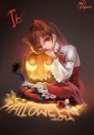 1girl brown_hair christon-clivef closed_mouth commentary_request dress flower halloween highres ib ib_(ib) long_hair looking_at_viewer red_eyes rose simple_background 