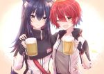  2girls ;d alcohol animal_ear_fluff animal_ears arknights arm_around_shoulder bangs beer beer_mug black_capelet black_gloves capelet commentary_request cup energy_wings exusiai_(arknights) eyebrows_visible_through_hair fingerless_gloves gloves grey_shirt hair_between_eyes halo hand_up high_collar highres holding holding_cup jacket long_sleeves multiple_girls nazt one_eye_closed open_clothes open_jacket open_mouth purple_hair raglan_sleeves red_hair shirt smile texas_(arknights) upper_body white_jacket wolf_ears yellow_eyes 