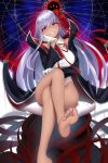 1girl :d absurdres bangs bare_legs bare_shoulders barefoot bb_(fate)_(all) bb_(fate/extra_ccc) black_coat breasts crossed_legs damao_yu fate/extra fate/extra_ccc fate/grand_order fate_(series) feet gloves greek_toe grin groin hair_ribbon highres leotard long_hair looking_at_viewer open_mouth paid_reward patreon_reward purple_eyes purple_hair red_ribbon ribbon sadism smile soles solo teeth toes very_long_hair white_gloves white_leotard 