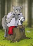  2020 bottomwear caine_(difference) canid canine canis clothed clothing difference_(webcomic) digital_media_(artwork) duo female firstaid fur hi_res lagomorph leporid male mammal melee_weapon rabbit rapier ruby_(difference) sword themuffinly topless tree weapon white_body white_fur wolf 