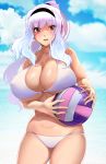  1girl ball beach bikini blue_sky breasts cleavage cloud commentary_request cowboy_shot hairband highres holding holding_ball idolmaster kumako_(kumakonoh) large_breasts long_hair looking_at_viewer navel open_mouth purple_hairband red_eyes shijou_takane silver_hair skindentation sky swimsuit volleyball water white_bikini 