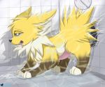  2020 absurd_res animal_genitalia animal_penis balls bodily_fluids cloufy cum digital_media_(artwork) dildo eeveelution electricity erection fan_character feral fur genital_fluids genitals hi_res jolteon male mammal nintendo nude open_mouth penis pok&eacute;mon pok&eacute;mon_(species) sex_toy shower simple_background smile solo tongue tongue_out video_games water wet white_body white_fur yellow_body yellow_fur 