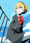  1girl aegis_(persona) android blonde_hair blue_eyes breasts closed_mouth commentary_request highres nambu_01 persona persona_3 school_uniform short_hair smile solo 