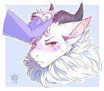  aldy_(aldyderg) blush disembodied_hand disembodied_head dragon fur furred_dragon hi_res horn looking_away male petting shy simple_background white_body white_fur zlop 