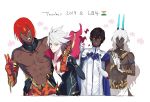  4boys arjuna_(fate/grand_order) arjuna_alter ashwatthama_(fate/grand_order) black_hair bodysuit collar dark_skin dark_skinned_male dual_persona fate/grand_order fate_(series) forehead_jewel gloves highres horns karna_(fate) long_hair looking_at_viewer multiple_boys ono_matope pale_skin red_hair shirtless smile v white_gloves white_hair 