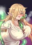  1girl blonde_hair blush breasts breath elf genderswap genderswap_(mtf) green_eyes hair_ornament hair_over_one_eye ishuzoku_reviewers kouji_(kari) large_breasts long_hair open_mouth pointy_ears shirt slime smile x_hair_ornament zel_(ishuzoku_reviewers) zellie 