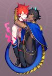  2boys arjuna_alter armlet black_eyes black_hair brown_hair burning_garment_of_three_gods cape chest_tattoo dark_skin dark_skinned_male fate/grand_order fate_(series) highres horns indian_clothes male_focus multiple_boys ono_matope red_fire red_hair tail tattoo white_hair yellow_eyes 